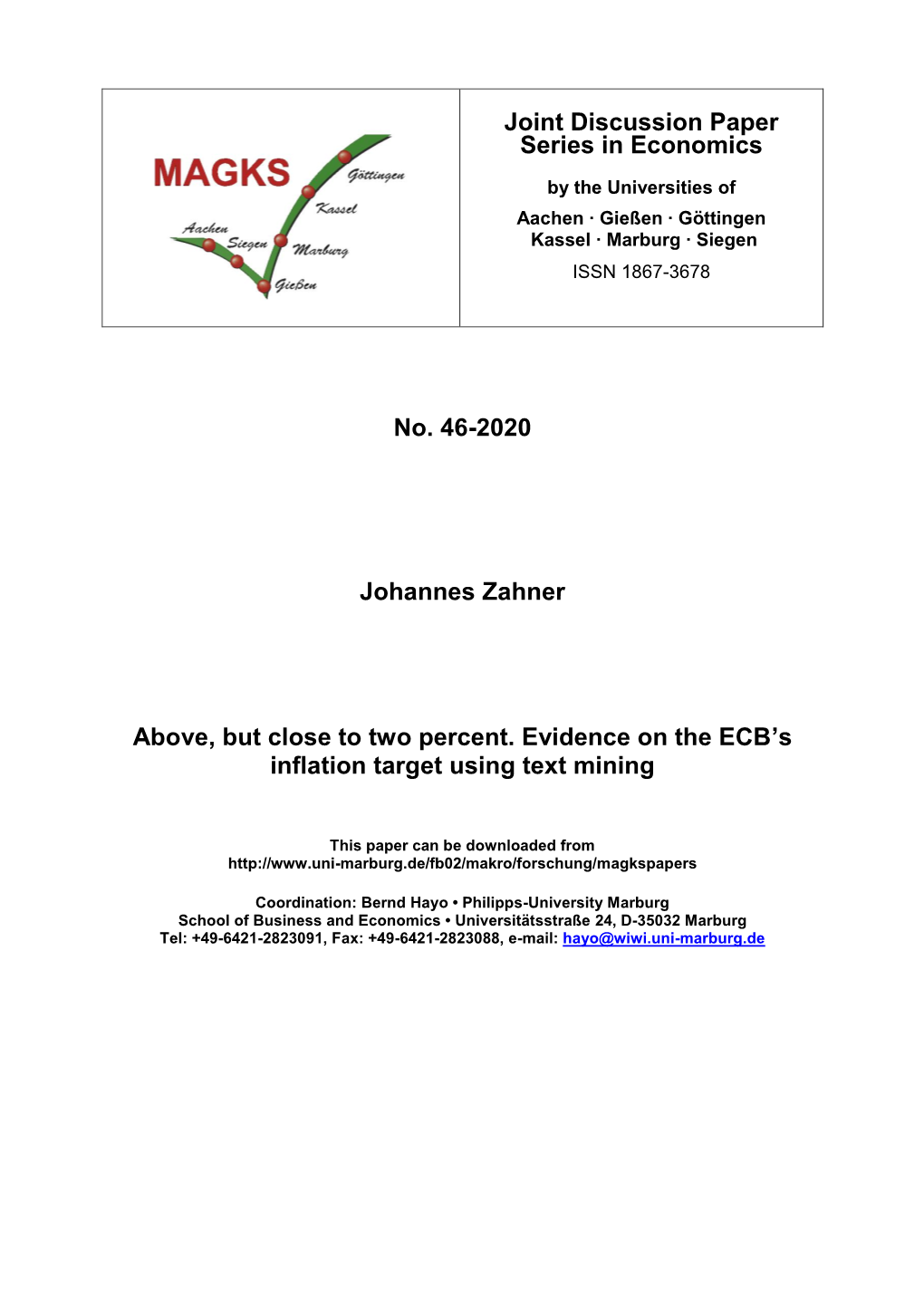 Above, but Close to Two Percent. Evidence on the ECB’S Inflation Target Using Text Mining