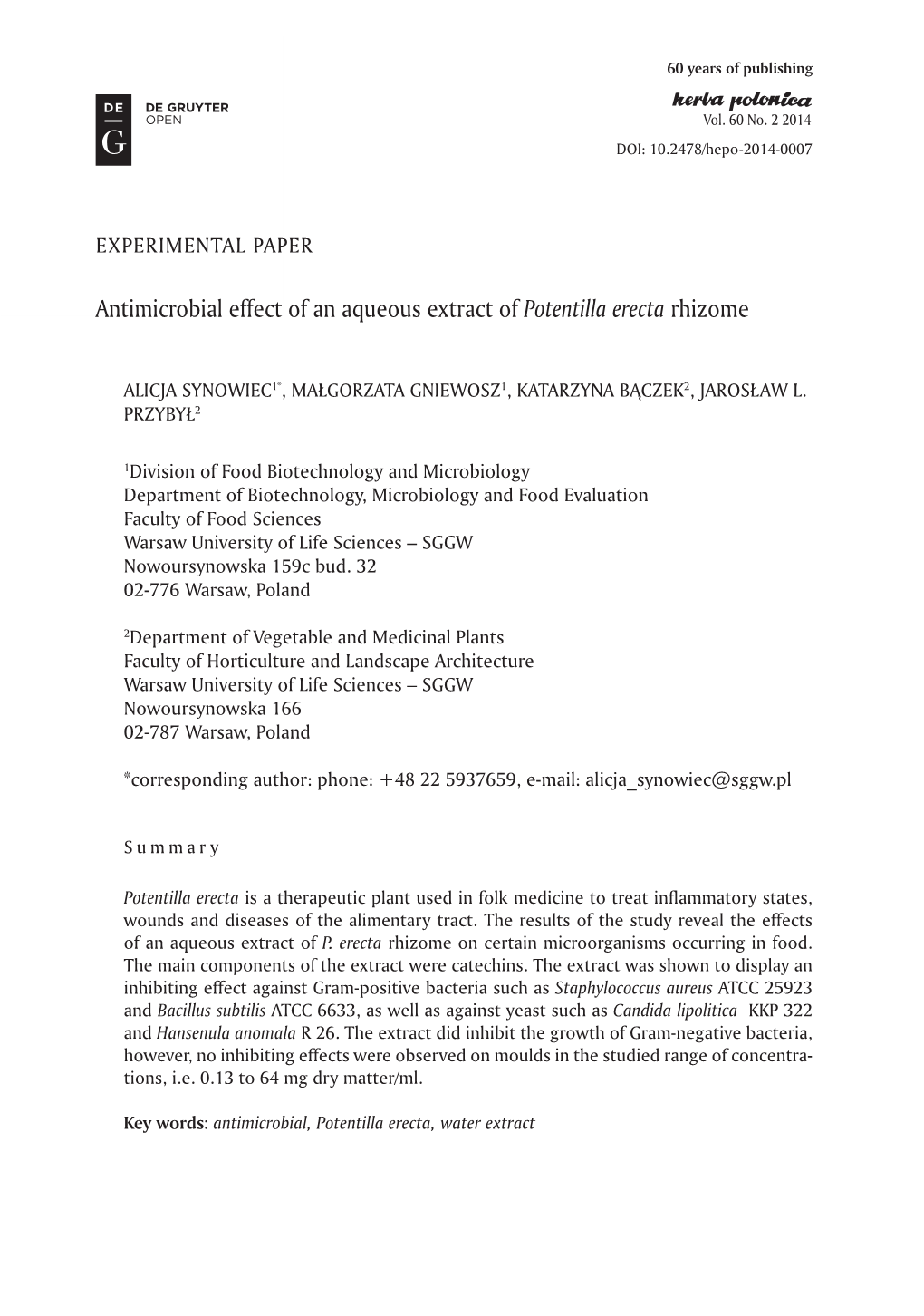 Antimicrobial Effect of an Aqueous Extract of Potentilla Erecta Rhizome