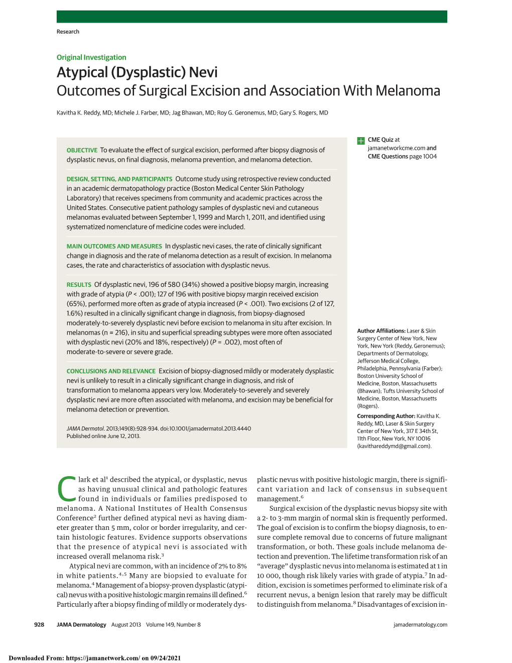 (Dysplastic) Nevi Outcomes of Surgical Excision and Association with Melanoma