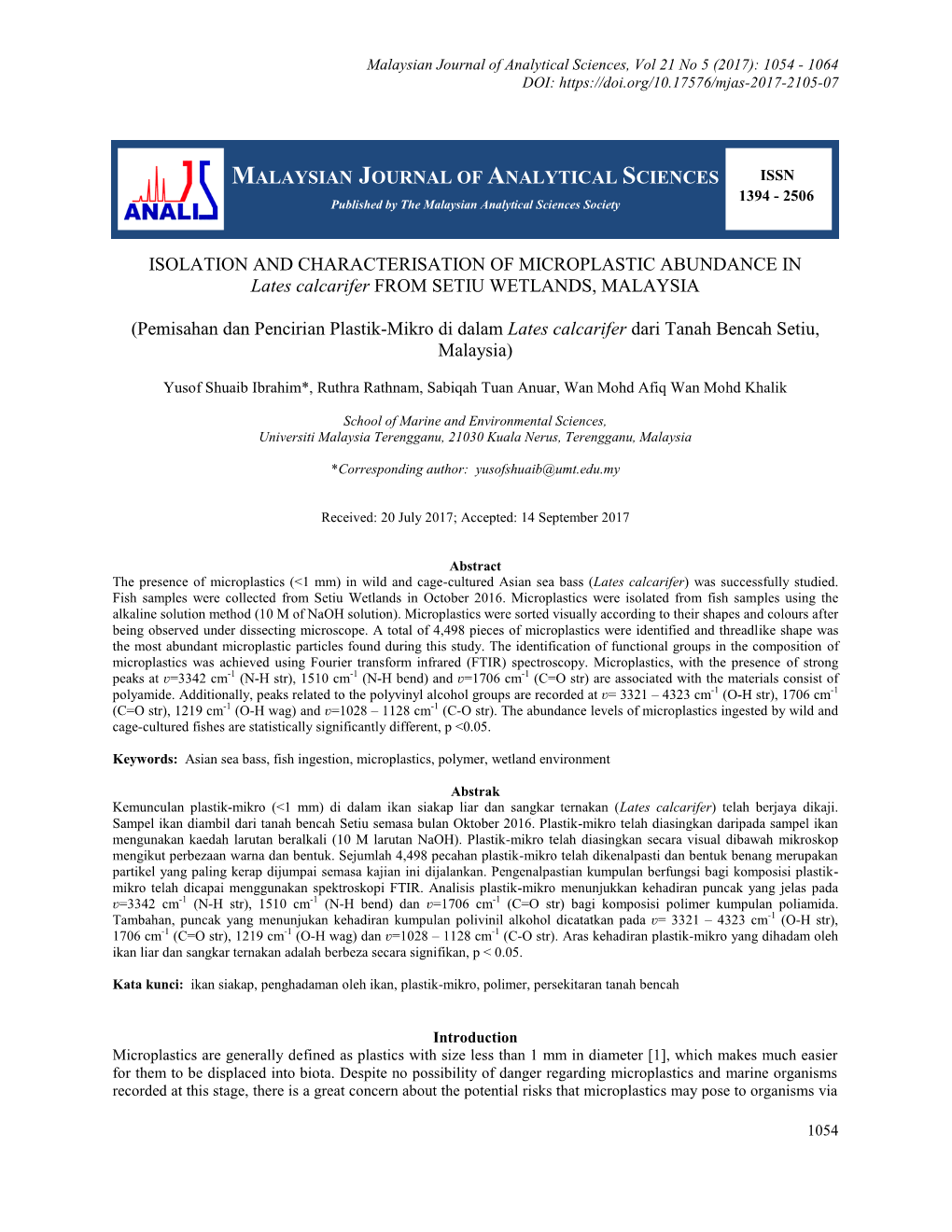 ISOLATION and CHARACTERISATION of MICROPLASTIC ABUNDANCE in Lates Calcarifer from SETIU WETLANDS, MALAYSIA