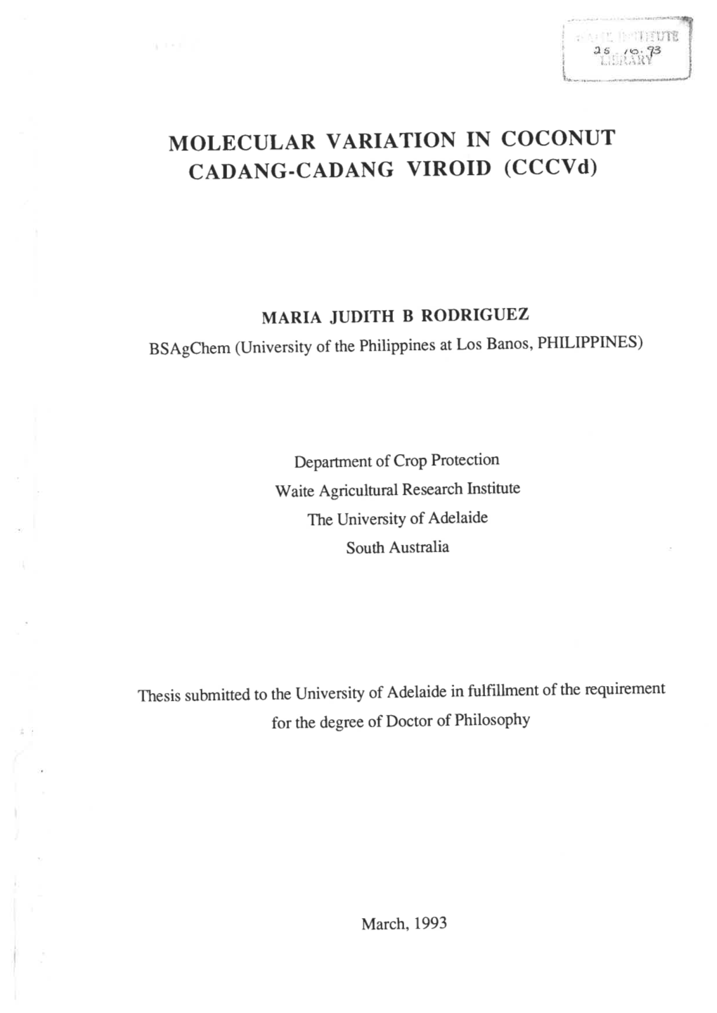 Molecular Variation in Coconut Cadang-Cadang Viroid (Cccvd)