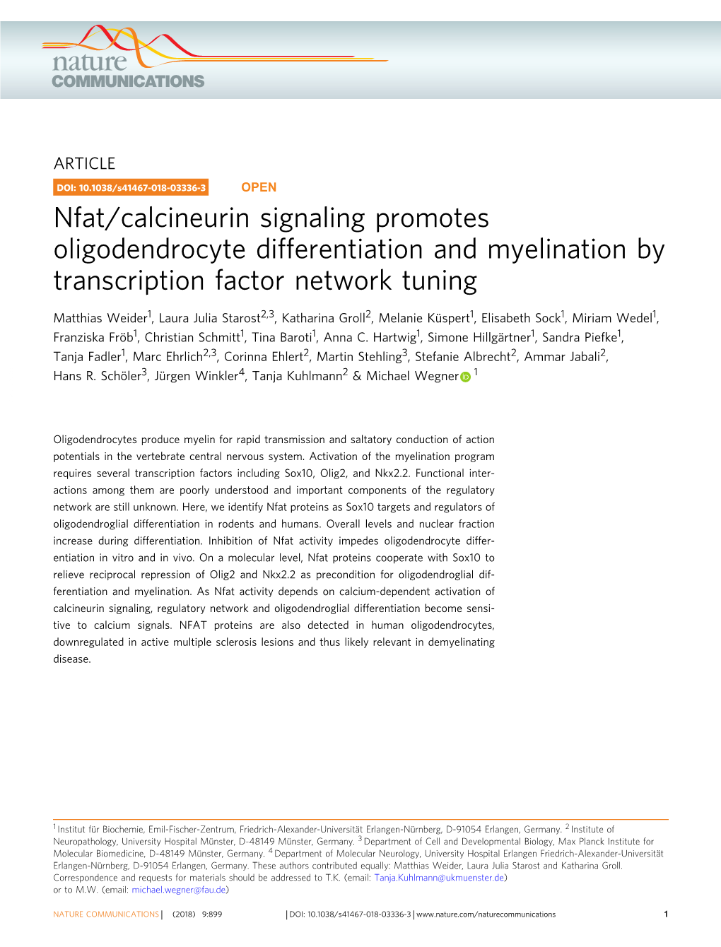 Nfat/Calcineurin Signaling Promotes Oligodendrocyte Differentiation and Myelination by Transcription Factor Network Tuning