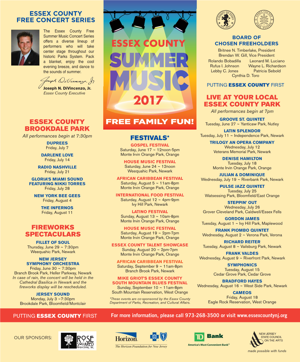 Summer Music Concert Series BOARD of Offers a Diverse Lineup of CHOSEN FREEHOLDERS Performers Who Will Take ESSEX COUNTY Center Stage Throughout Our Britnee N