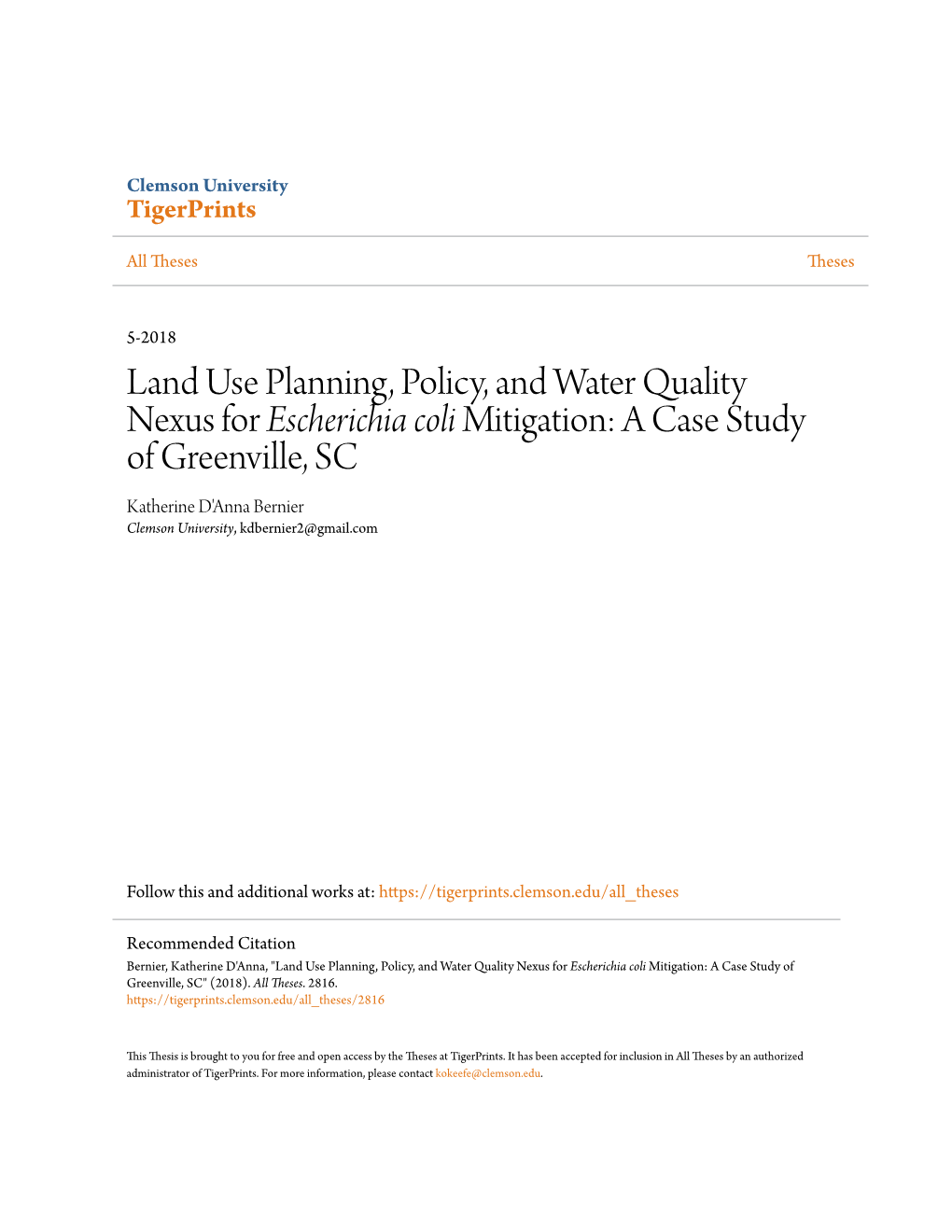 Land Use Planning, Policy, and Water Quality Nexus