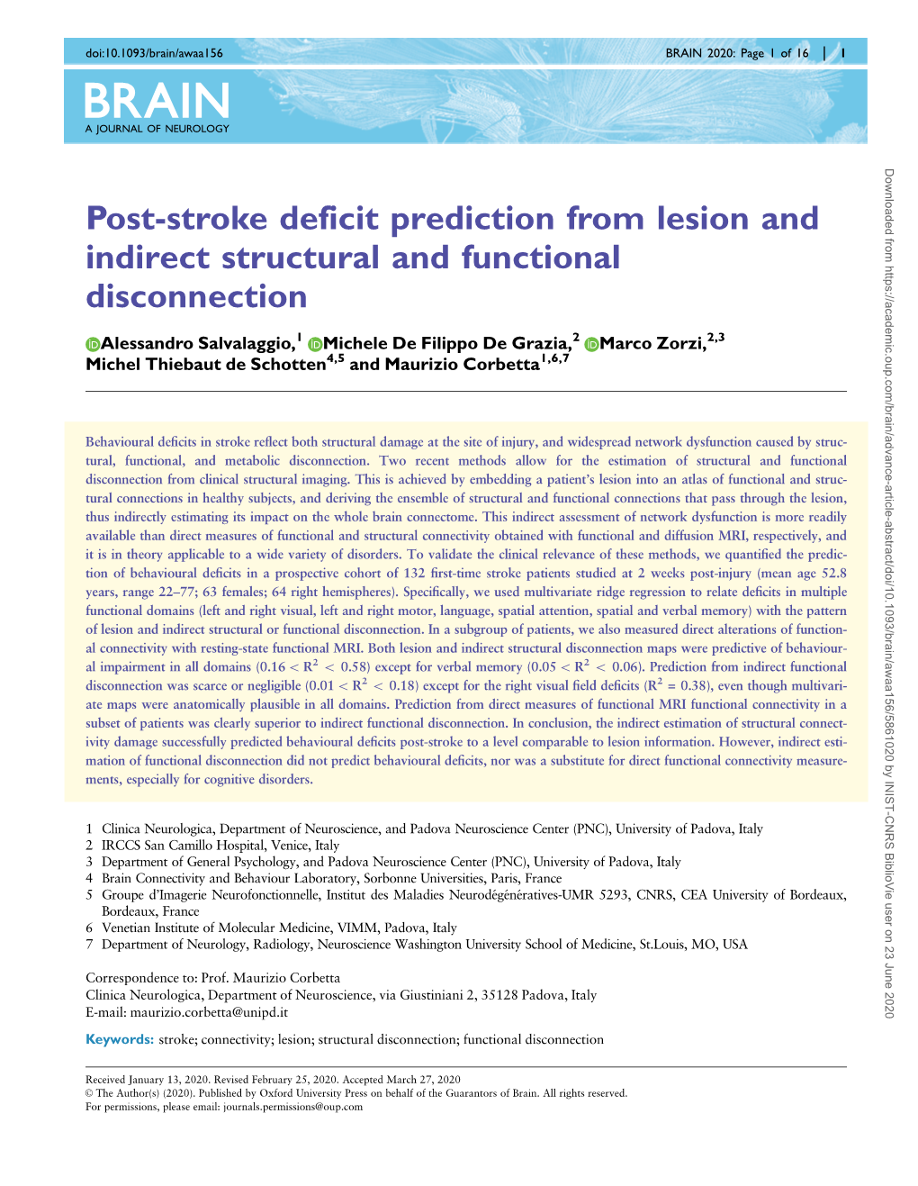 Post-Stroke Deficit Prediction from Lesion and Indirect Structural and Functional Disconnection