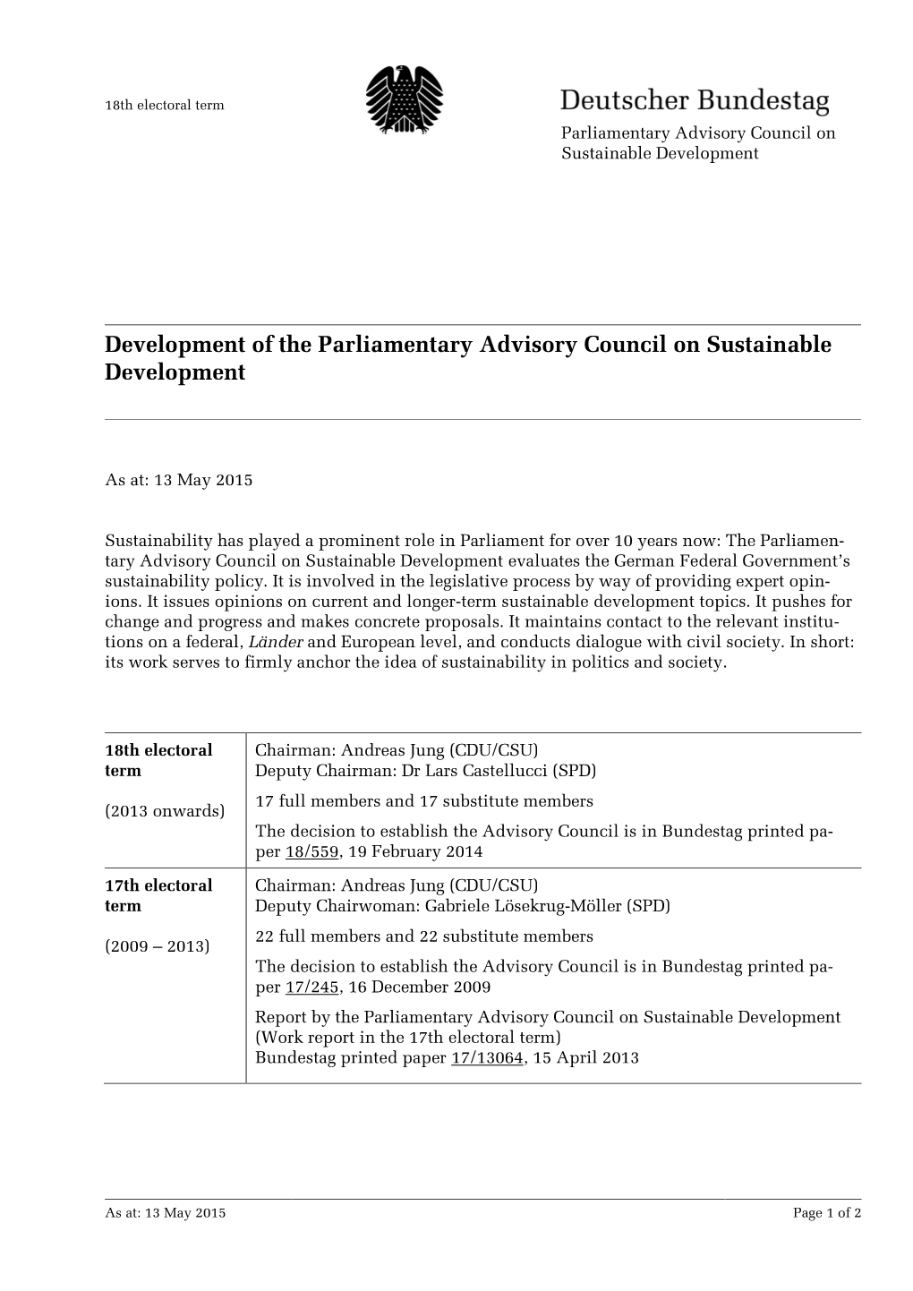 Development of the Parliamentary Advisory Council on Sustainable Development