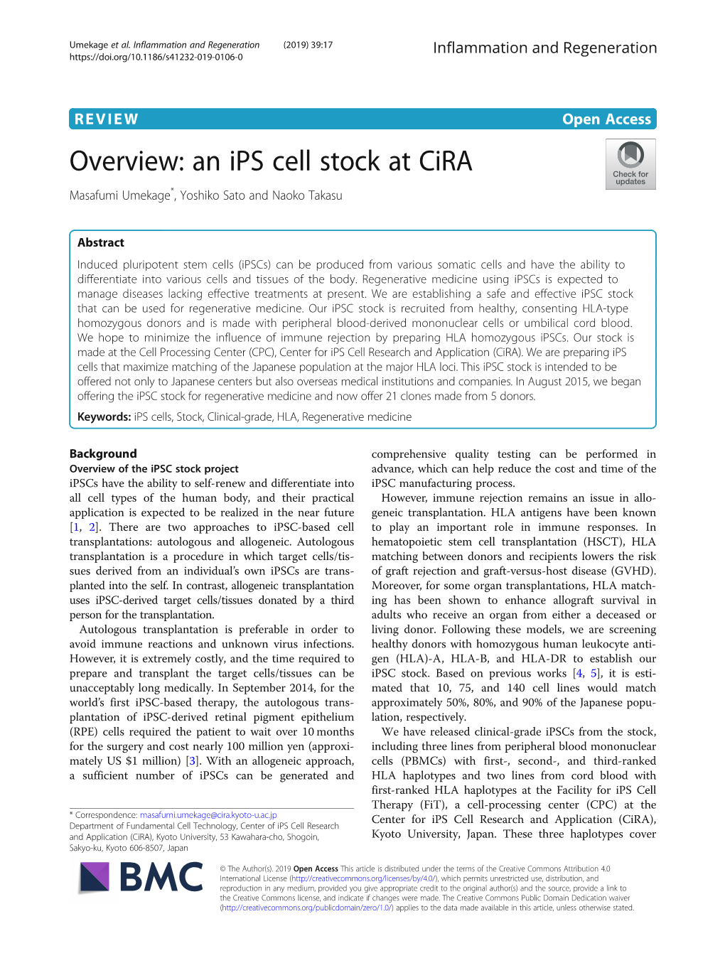 Overview: an Ips Cell Stock at Cira Masafumi Umekage*, Yoshiko Sato and Naoko Takasu