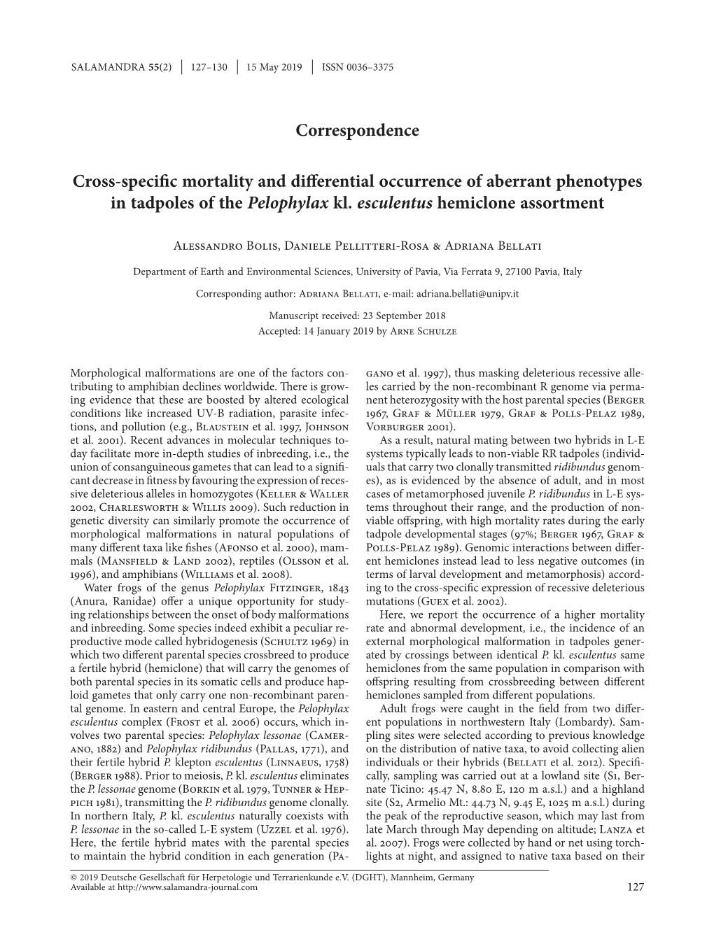 Cross-Specific Mortality and Differential Occurrence of Aberrant Phenotypes in Tadpoles of the Pelophylax Kl