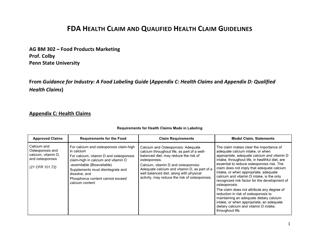 Fda Health Claim and Qualified Health Claim Guidelines