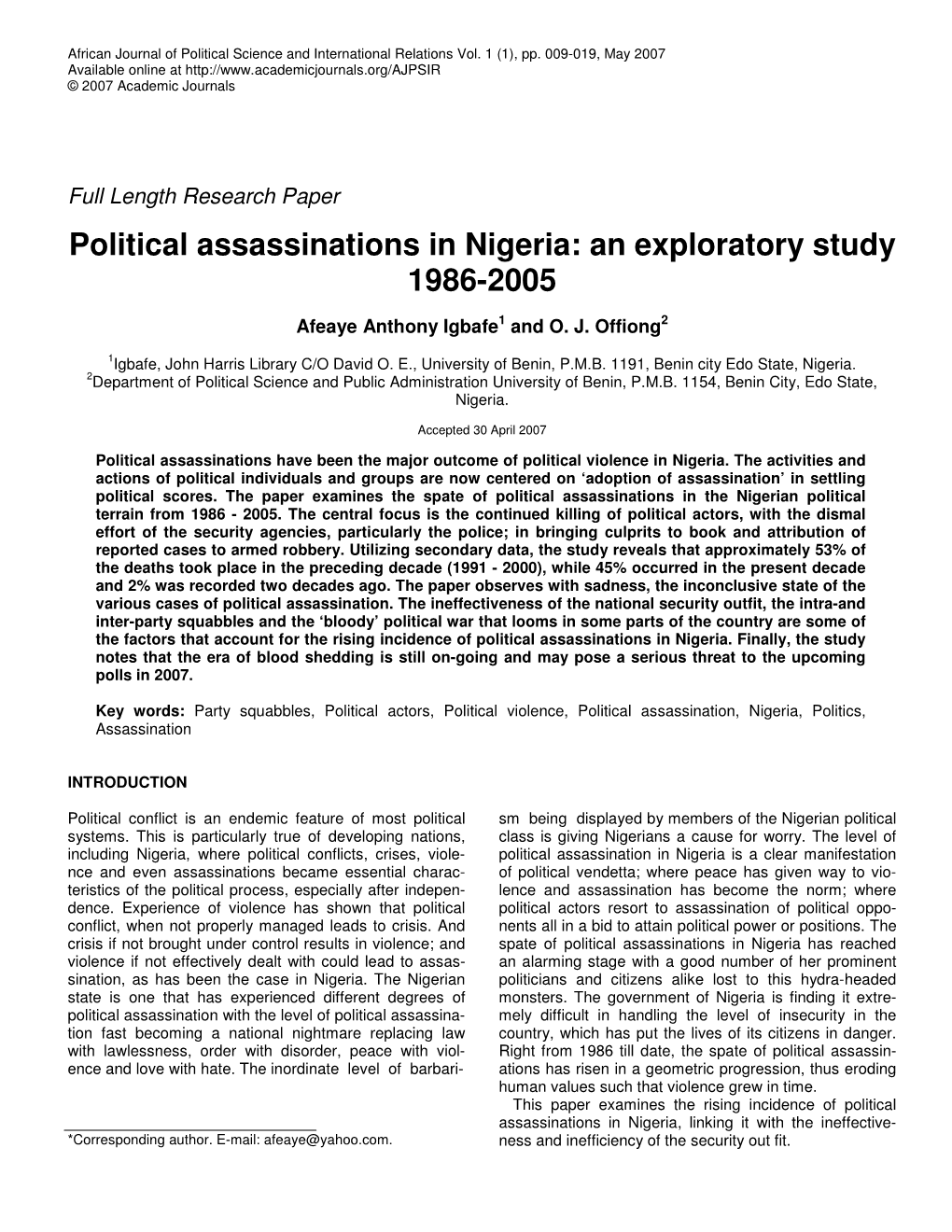 Political Assassinations in Nigeria: an Exploratory Study 1986-2005