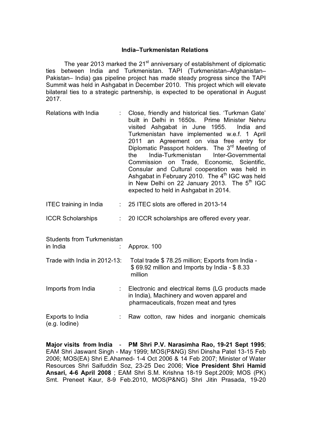 India–Turkmenistan Relations the Year 2013 Marked the 21St