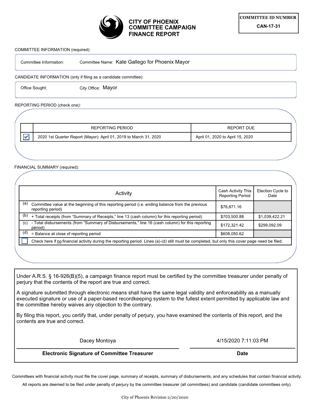 City of Phoenix Committee Campaign Finance Report