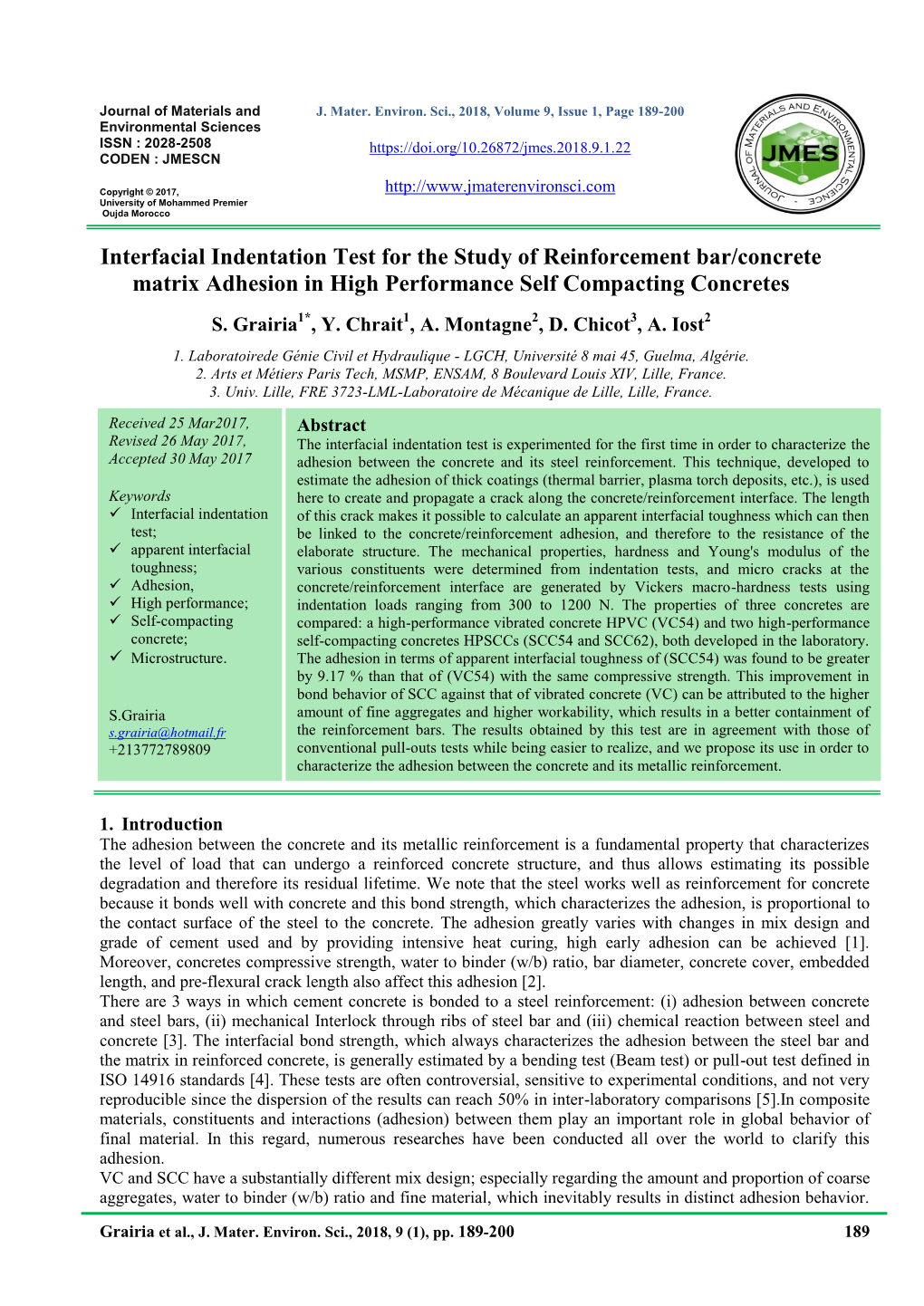 Interfacial Indentation Test for the Study of Reinforcement Bar/Concrete Matrix Adhesion in High Performance Self Compacting