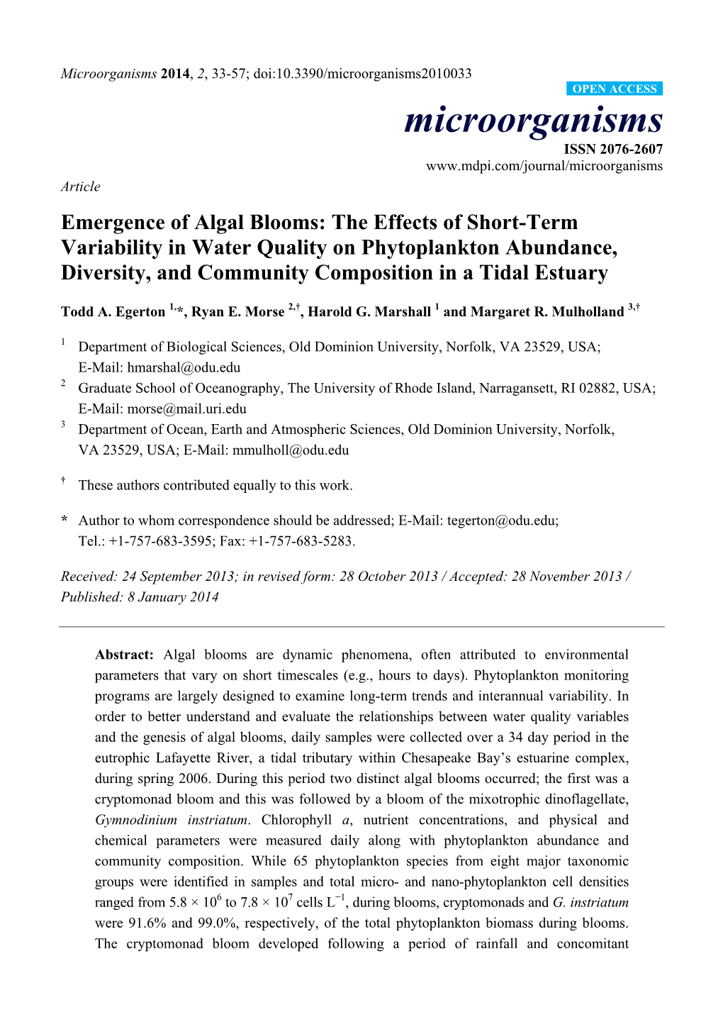 Emergence of Algal Blooms: the Effects of Short-Term Variability in Water Quality on Phytoplankton Abundance, Diversity, and Community Composition in a Tidal Estuary