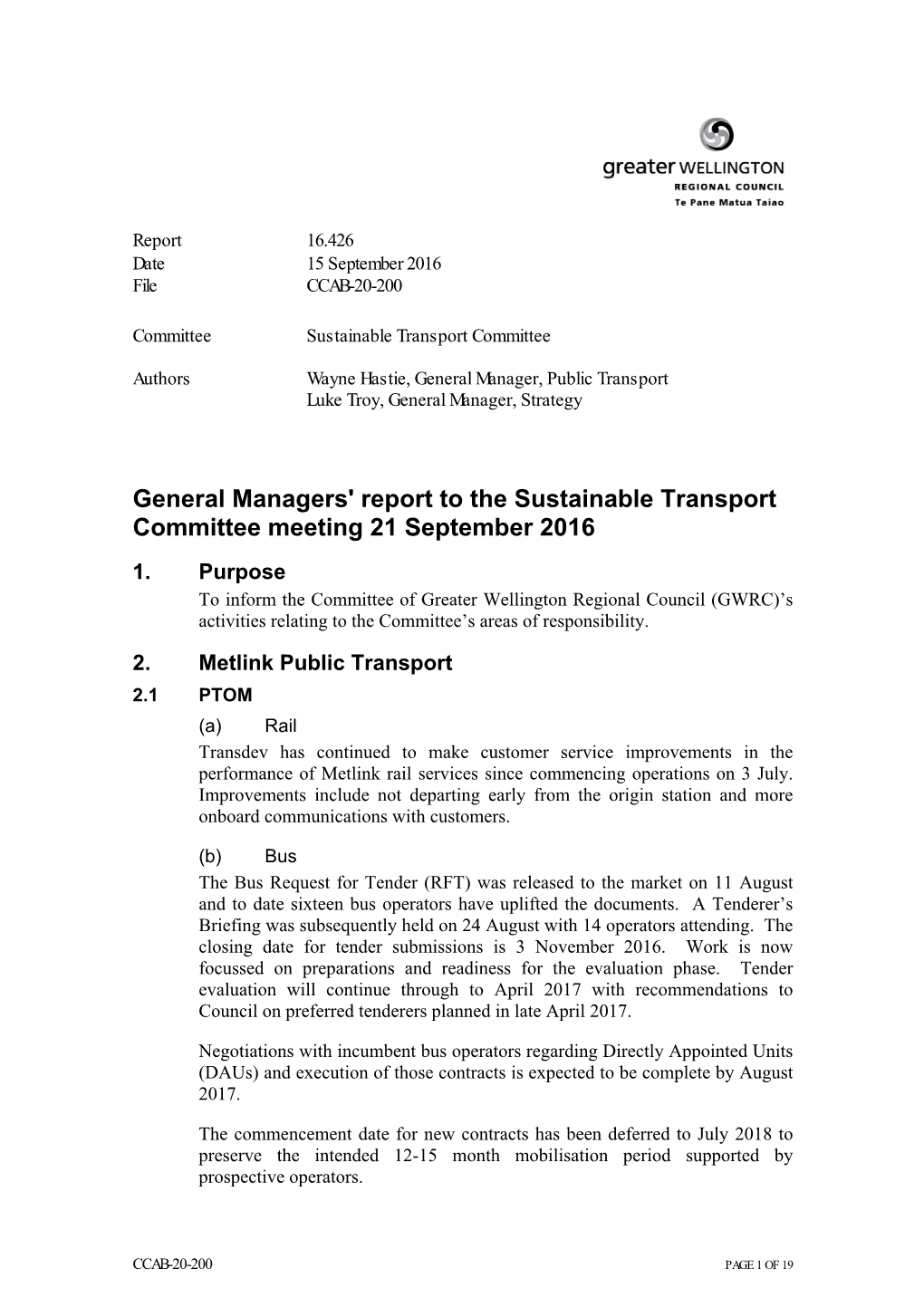 General Managers' Report to the Sustainable Transport Committee Meeting 21 September 2016 1