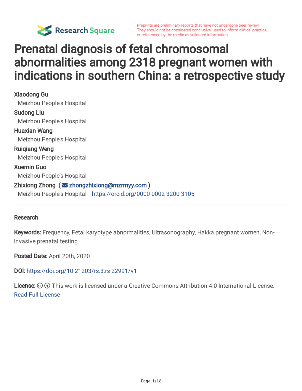 Prenatal Diagnosis of Fetal Chromosomal Abnormalities Among 2318 Pregnant Women with Indications in Southern China: a Retrospective Study