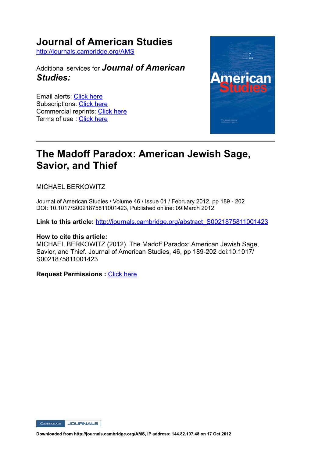 Journal of American Studies the Madoff Paradox: American Jewish