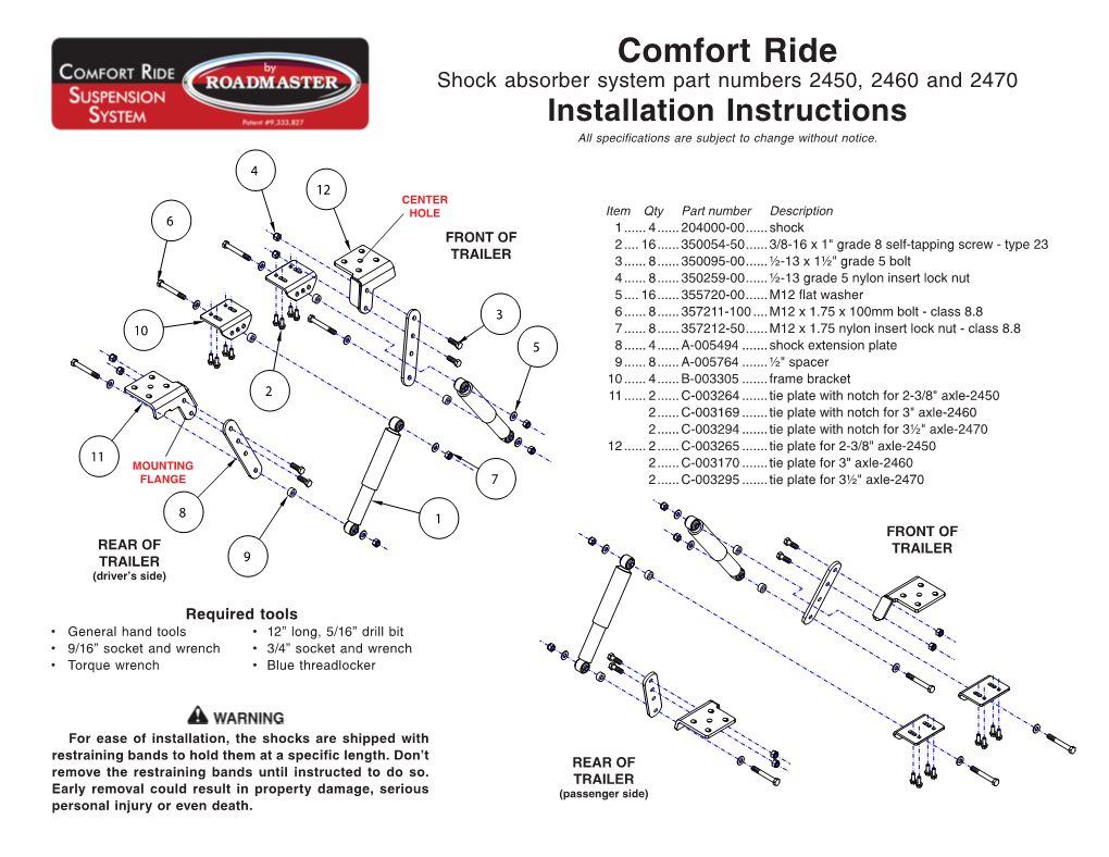 Comfort Ride Shock Absorber System Part Numbers 2450, 2460 and 2470 Installation Instructions All Specifications Are Subject to Change Without Notice