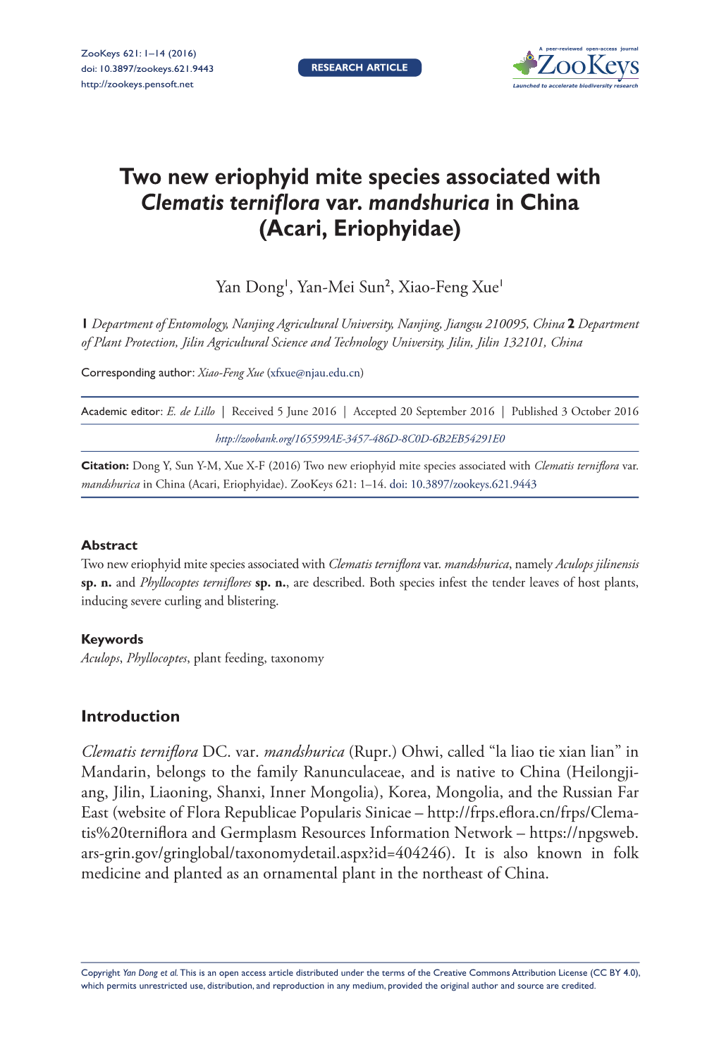 Two New Eriophyid Mite Species Associated with Clematis Terniflora Var