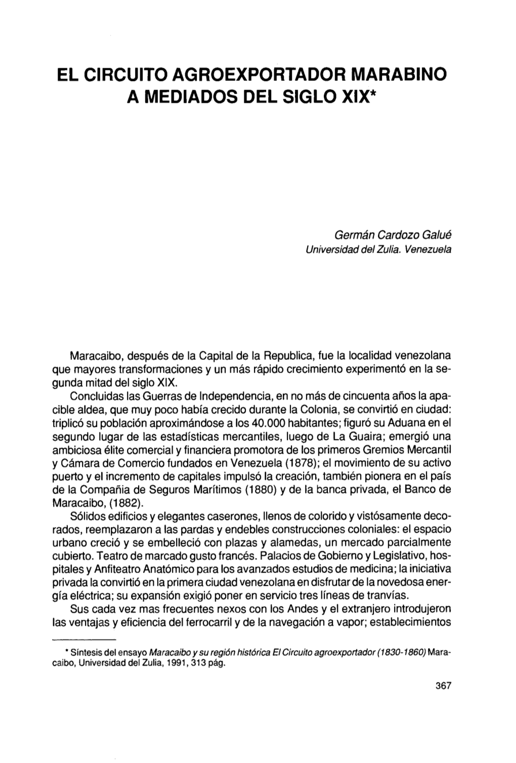 El Circuito Agroexportador Marabino a Mediados Del Siglo Xix*