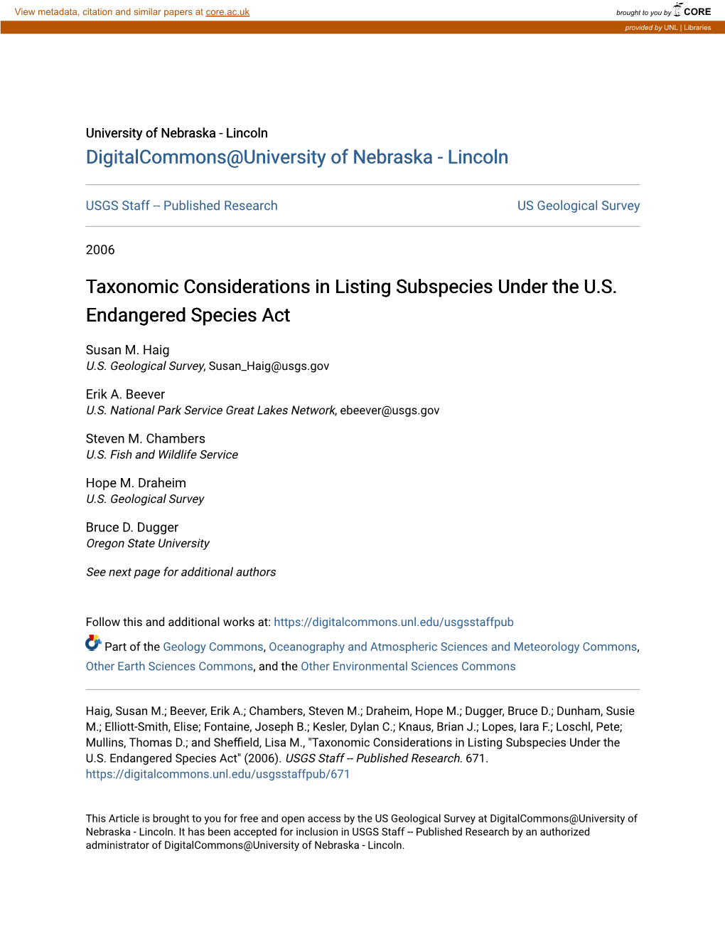 Taxonomic Considerations in Listing Subspecies Under the U.S. Endangered Species Act