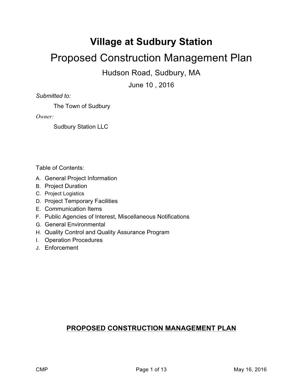 Proposed Construction Management Plan