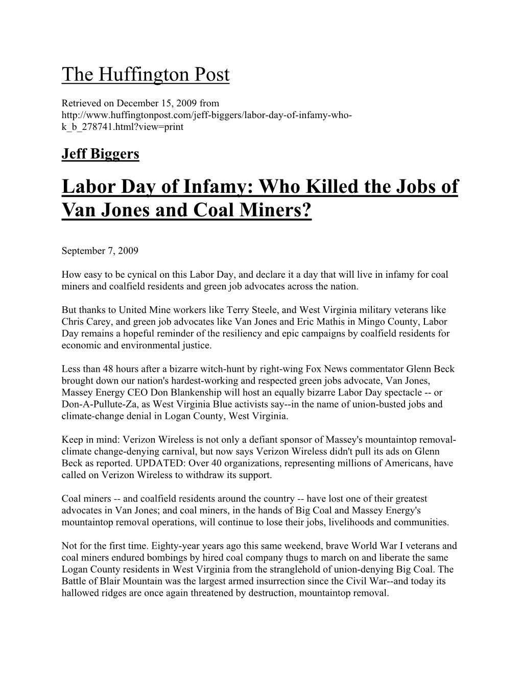 The Huffington Post Labor Day of Infamy: Who Killed the Jobs of Van