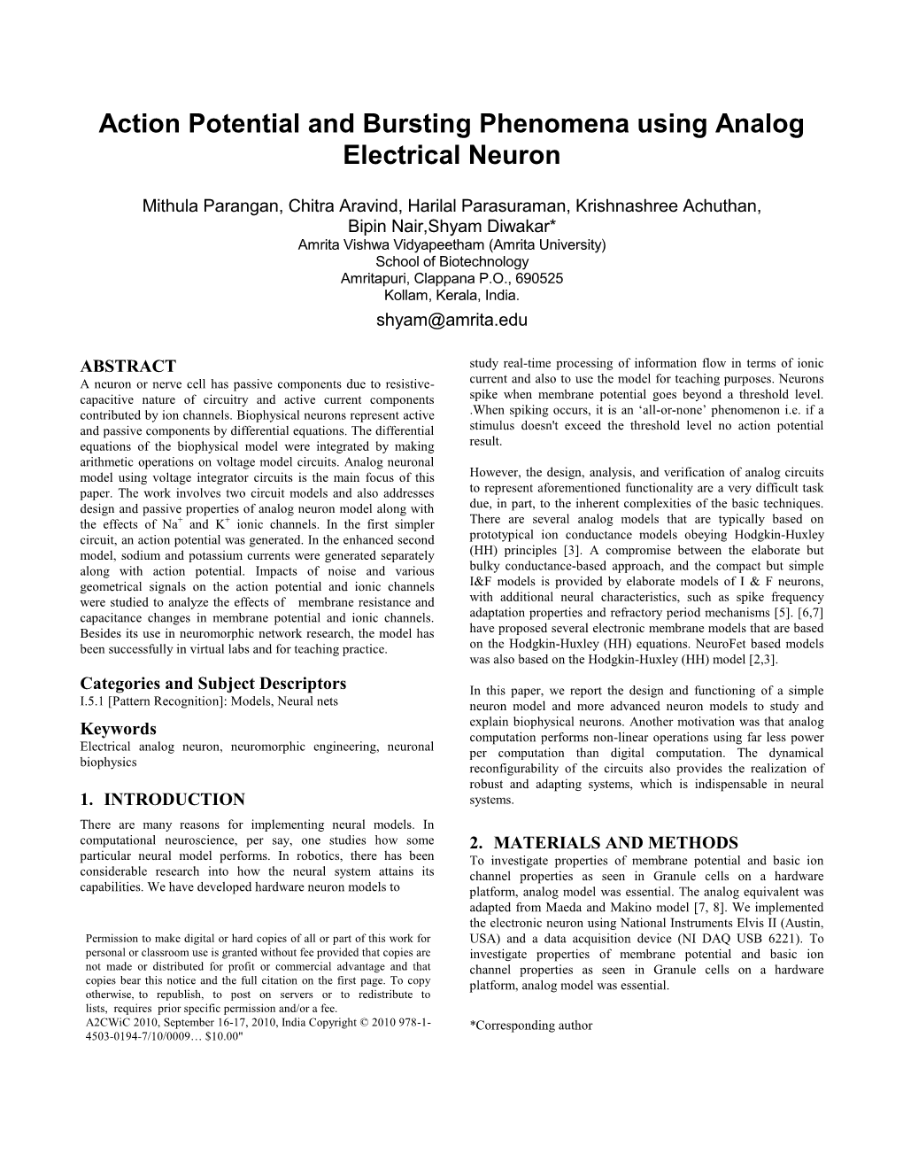 Action Potential and Bursting Phenomena Using Analog Electrical Neuron