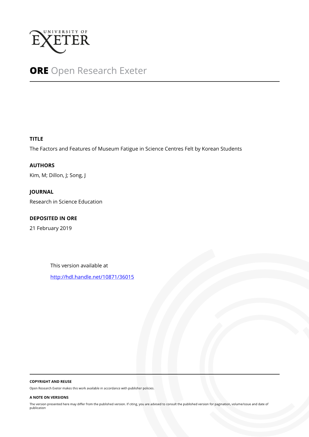 The Factors and Features of Museum Fatigue in Science Centres Felt by Korean Students