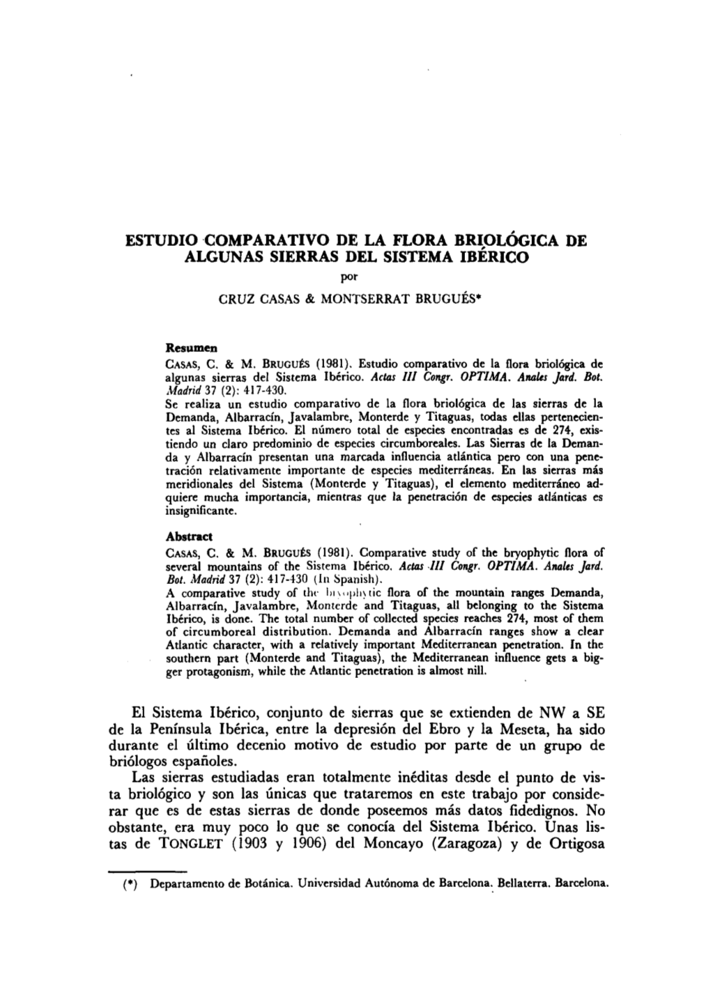 Estudio Comparativo De La Flora Bríológica De Algunas Sierras Del Sistema Ibérico