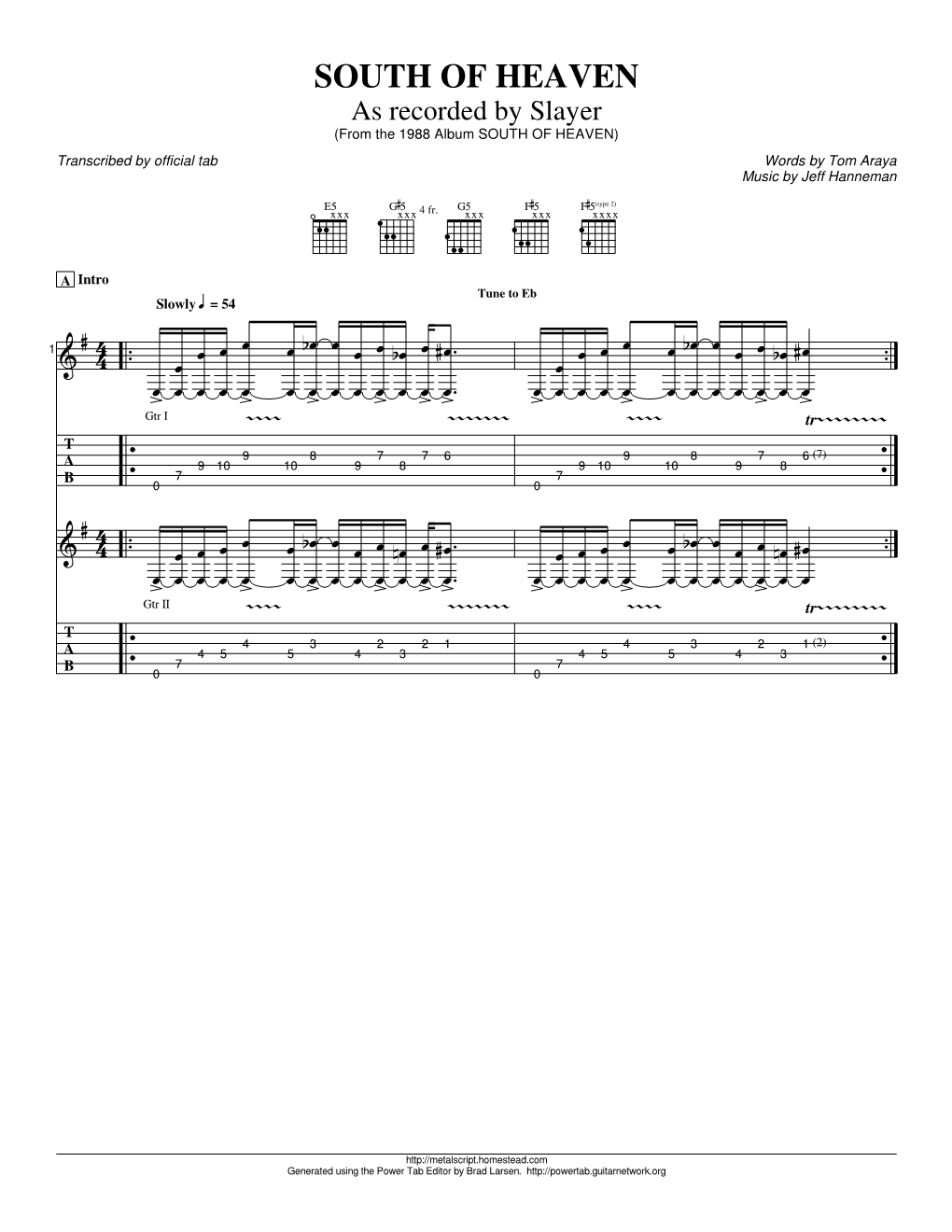 SOUTH of HEAVEN As Recorded by Slayer (From the 1988 Album SOUTH of HEAVEN) Transcribed by Official Tab Words by Tom Araya Music by Jeff Hanneman