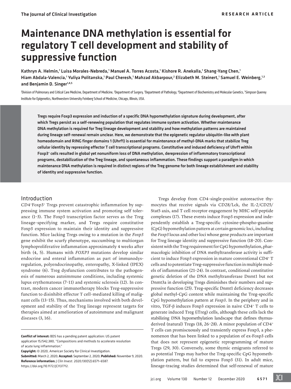 Maintenance DNA Methylation Is Essential for Regulatory T Cell Development and Stability of Suppressive Function