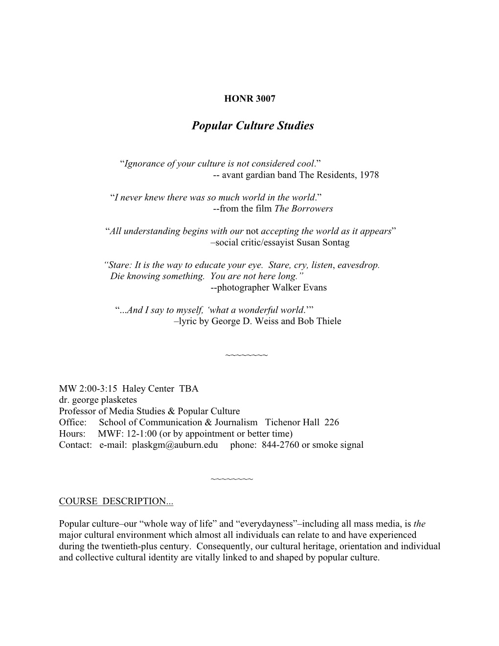 HONR 3007 Syllabus (Popular Culture Studies)