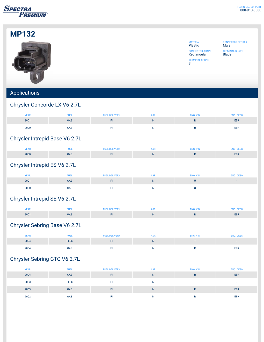 Applications Chrysler Concorde LX V6 2.7L Chrysler Intrepid Base V6 2.7