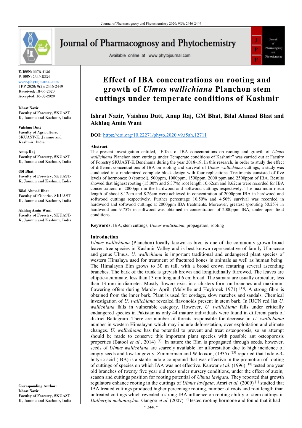 Effect of IBA Concentrations on Rooting and Growth of Ulmus Wallichiana