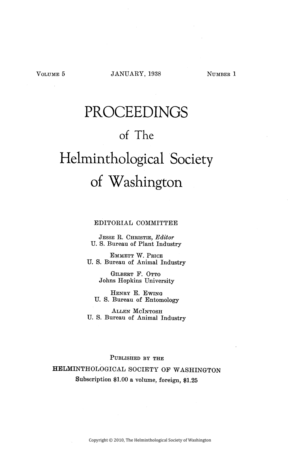 Proceedings of the Helminthological Society of Washington 5(1) 1938