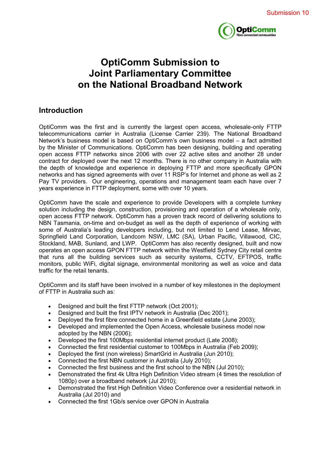 Opticomm Submission to Joint Parliamentary Committee on the National Broadband Network