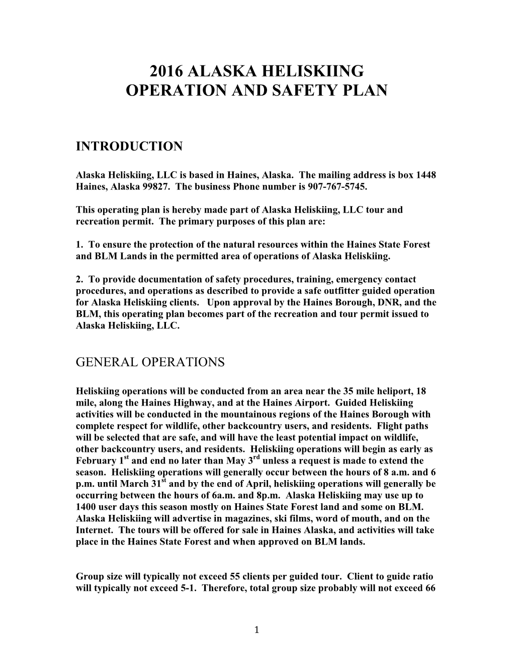 2016 Alaska Heliskiing Operation and Safety Plan