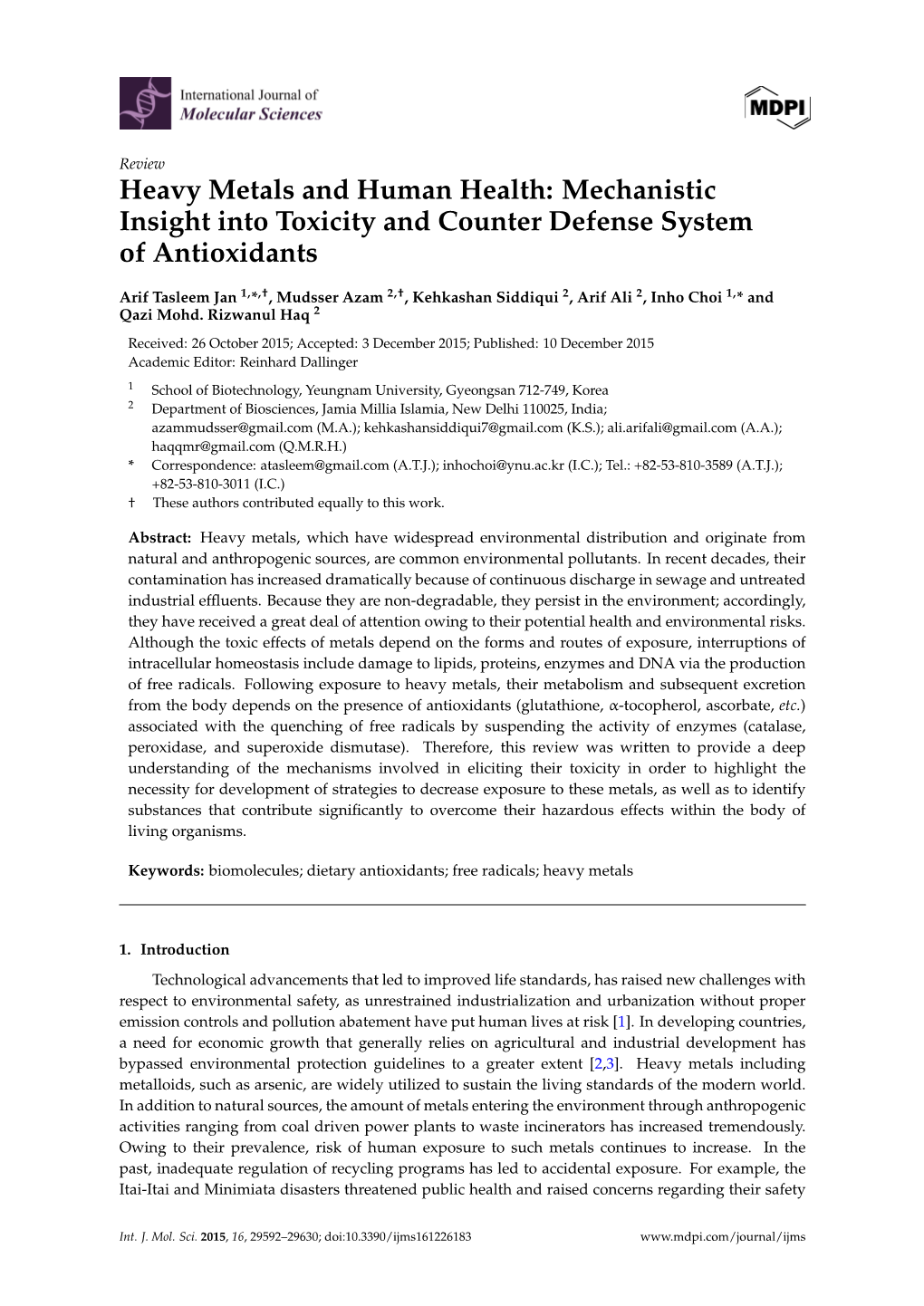 Heavy Metals and Human Health: Mechanistic Insight Into Toxicity and Counter Defense System of Antioxidants