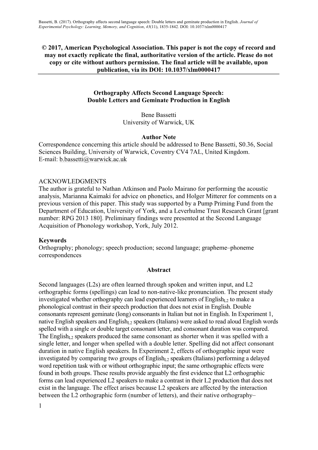 Orthography Affects Second Language Speech: Double Letters and Geminate Production in English