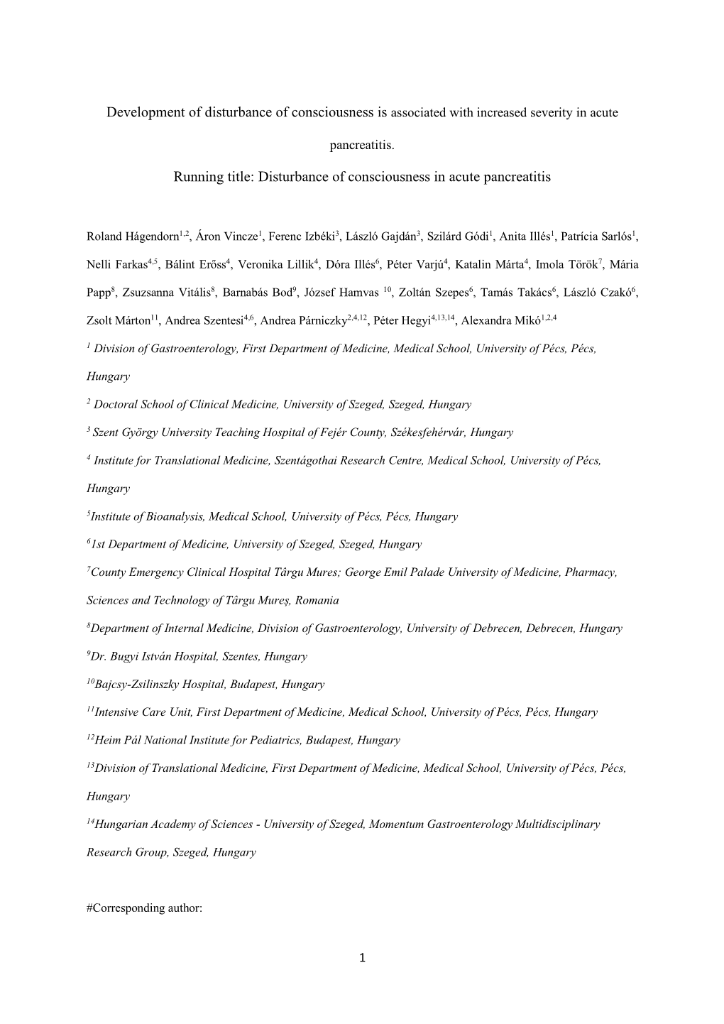 Running Title: Disturbance of Consciousness in Acute Pancreatitis