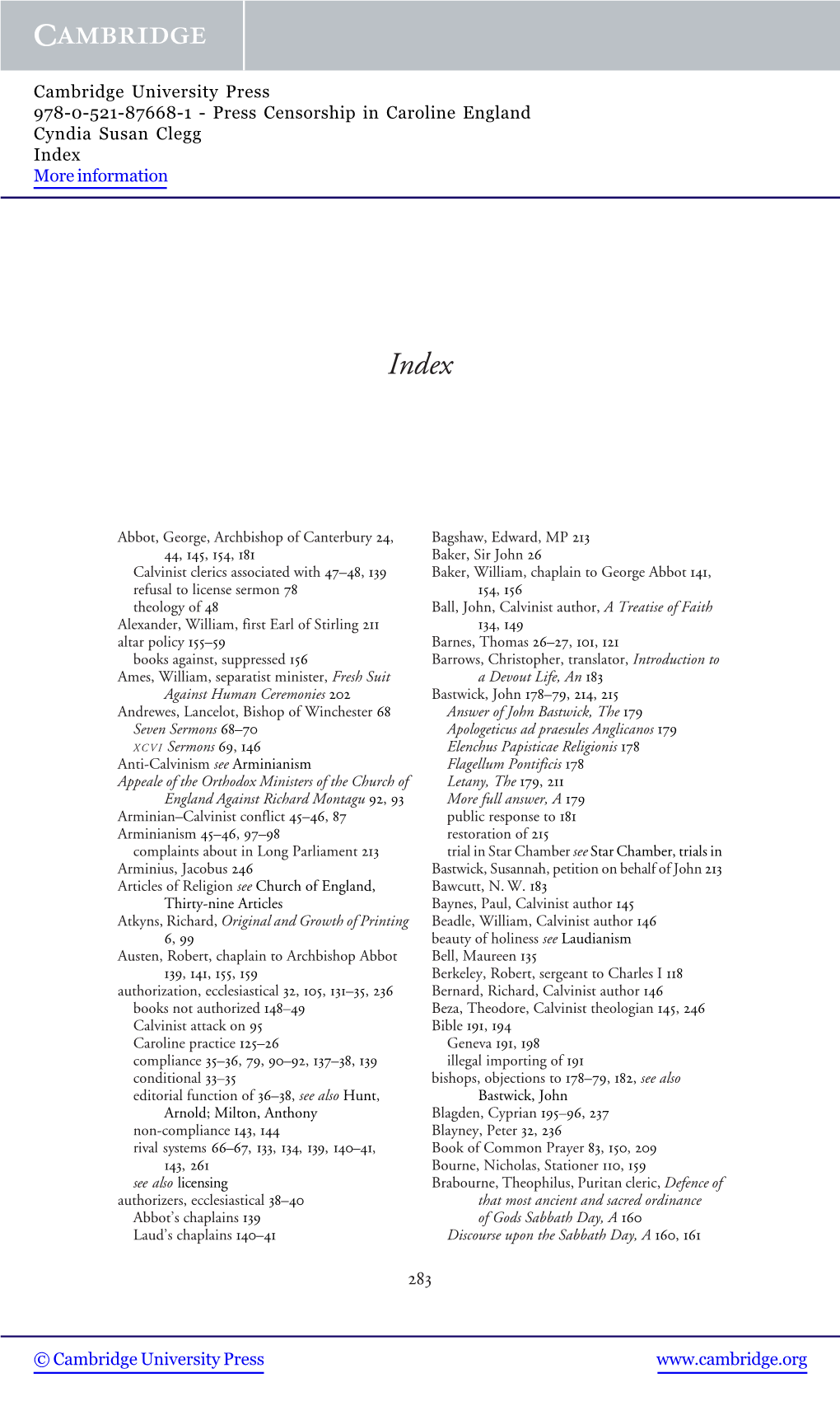 Press Censorship in Caroline England Cyndia Susan Clegg Index More Information