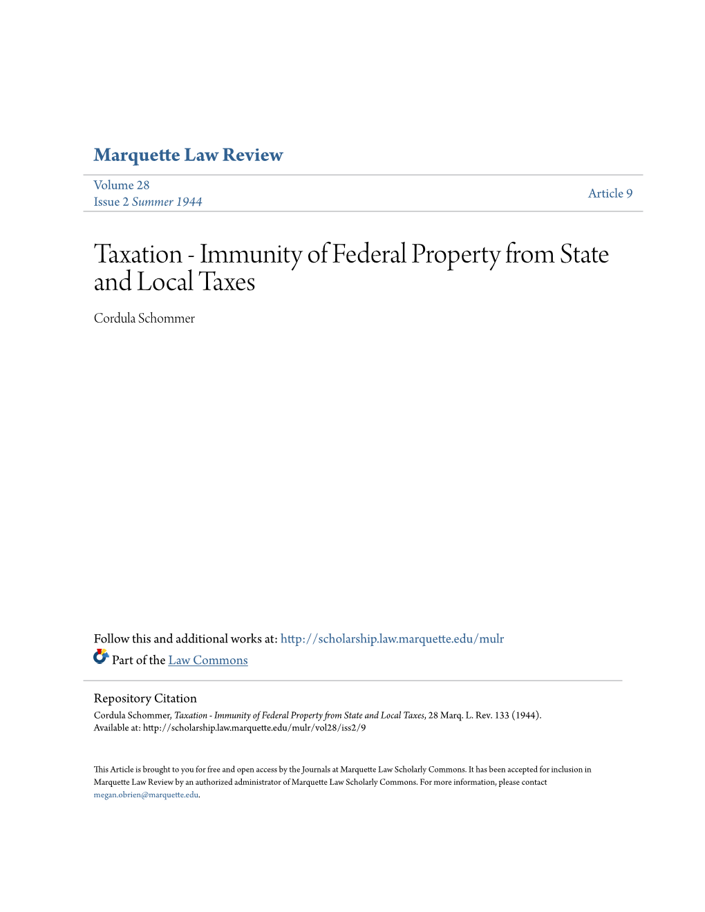 Taxation - Immunity of Federal Property from State and Local Taxes Cordula Schommer