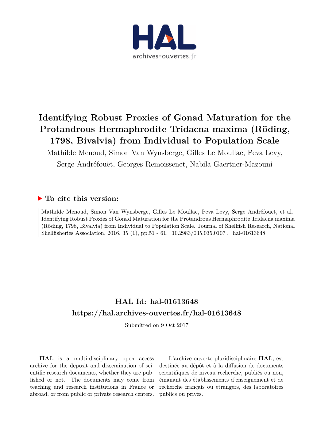 Identifying Robust Proxies of Gonad Maturation for the Protandrous Hermaphrodite Tridacna Maxima (Röding, 1798, Bivalvia) From