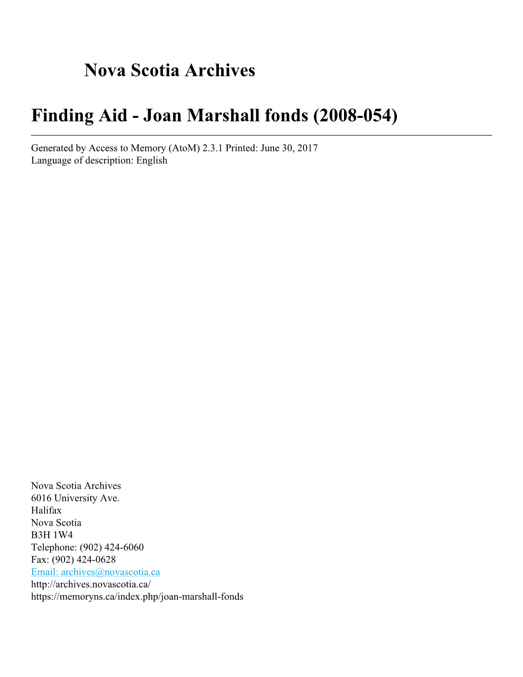 Joan Marshall Fonds (2008-054)