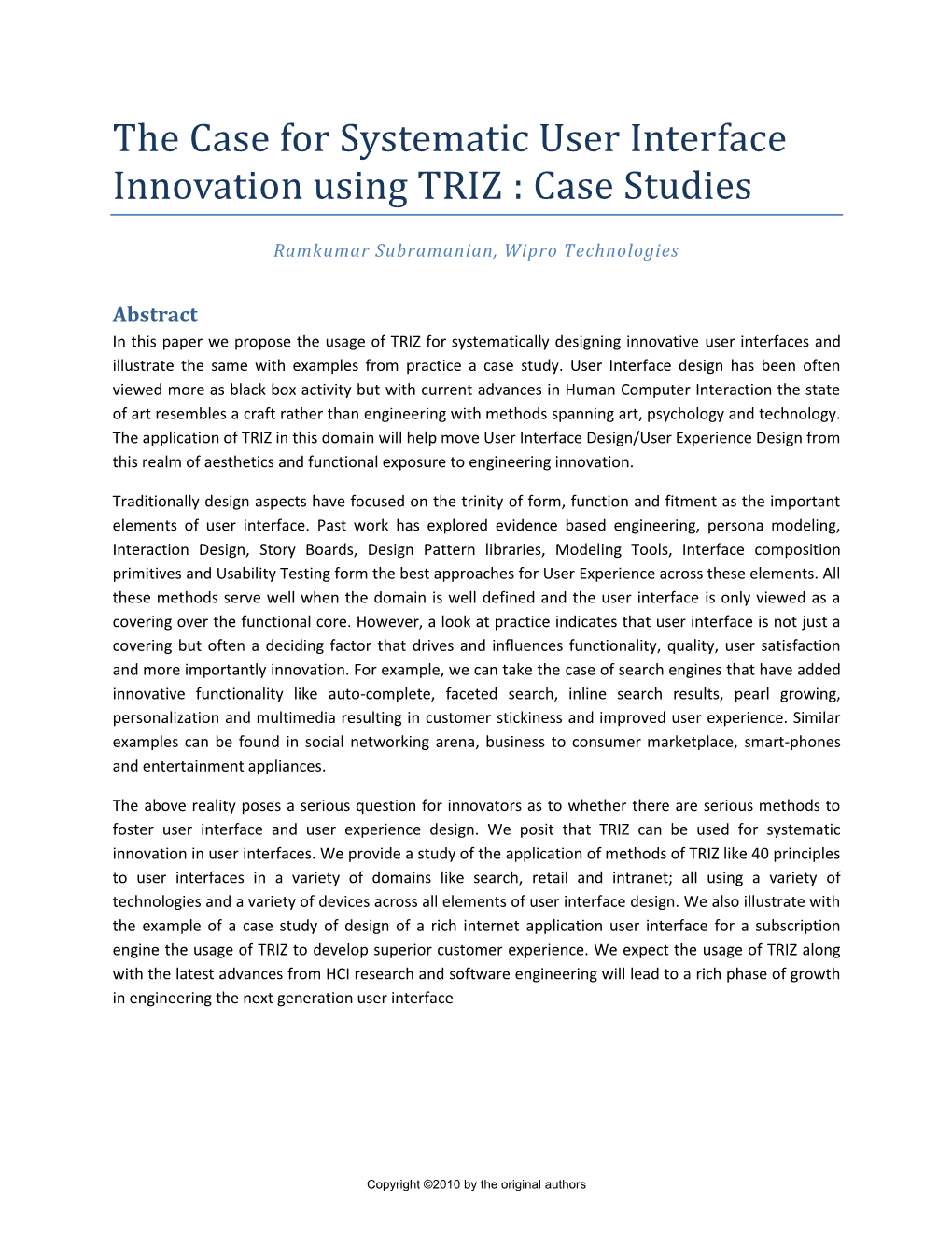 The Case for Systematic User Interface Innovation Using TRIZ : Case Studies