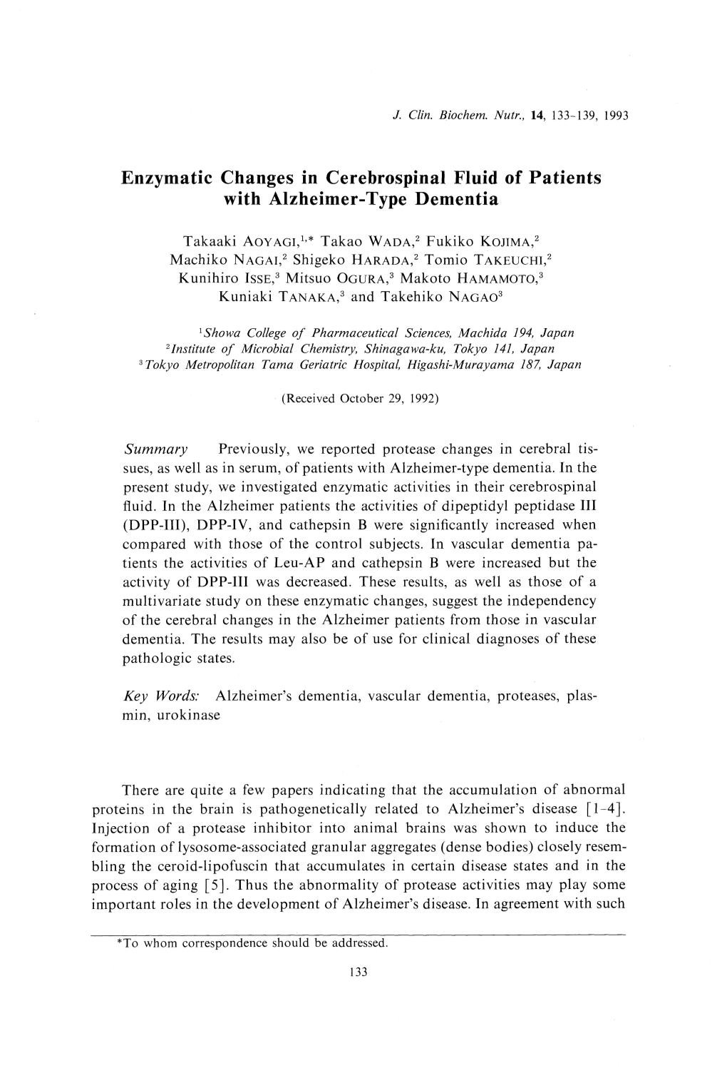 Enzymatic Changes in Cerebrospinal Fluid of Patients with Alzheimer-Type Dementia