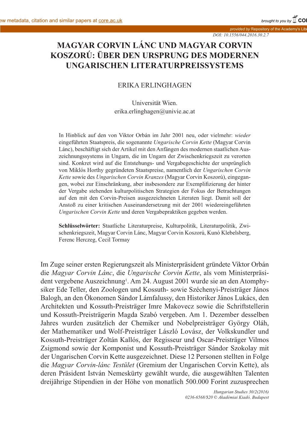 Über Den Ursprung Des Modernen Ungarischen Literaturpreissystems