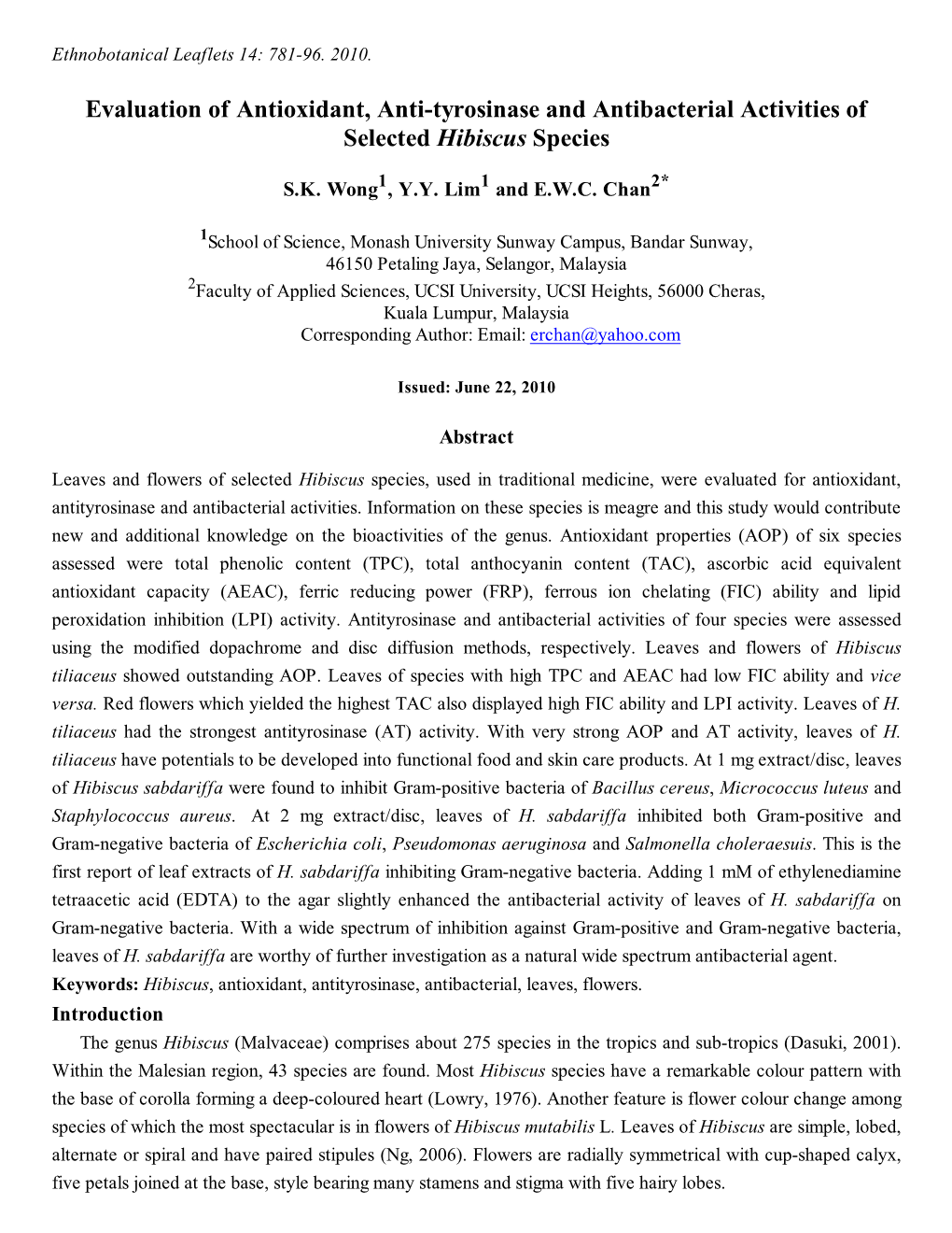 Evaluation of Antioxidant, Anti-Tyrosinase and Antibacterial