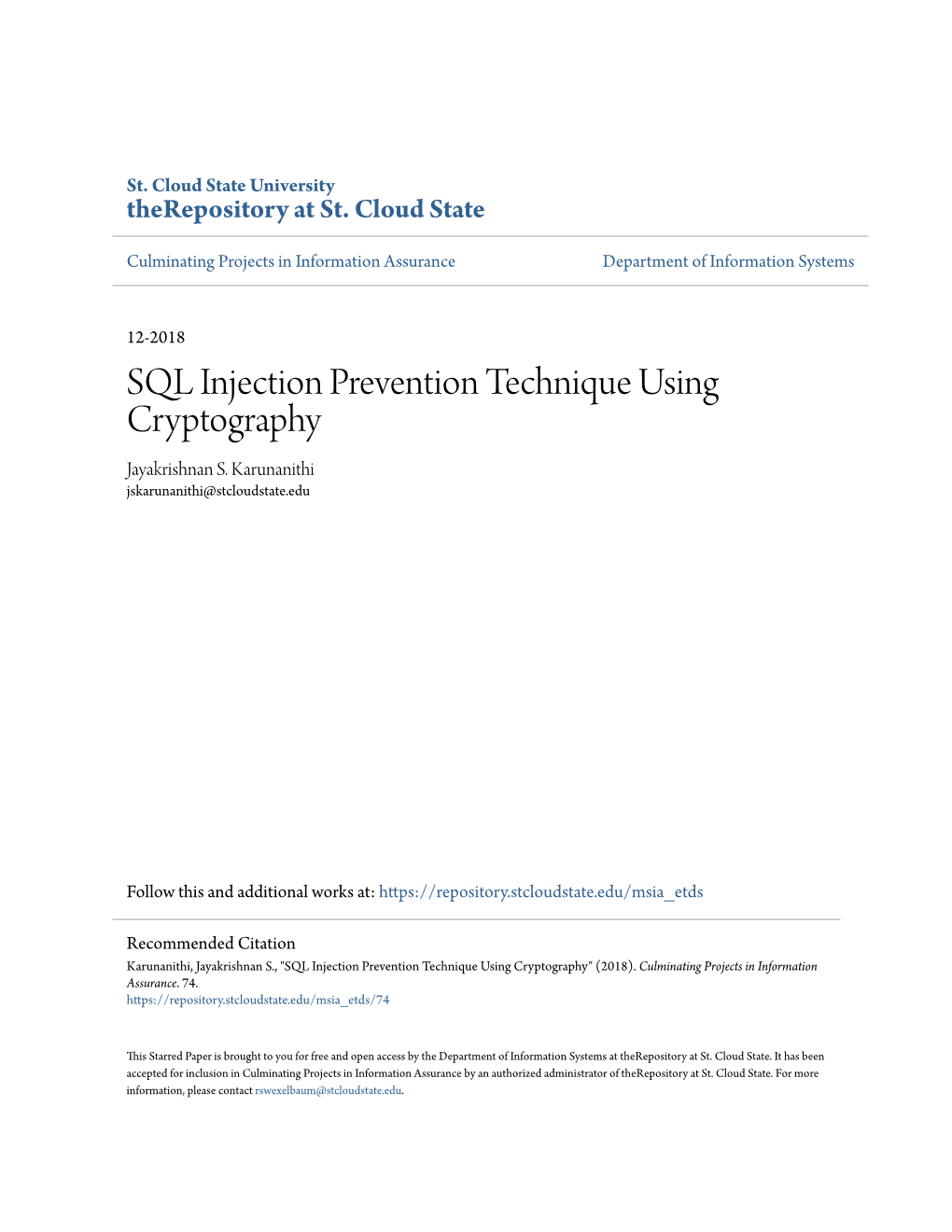 SQL Injection Prevention Technique Using Cryptography Jayakrishnan S